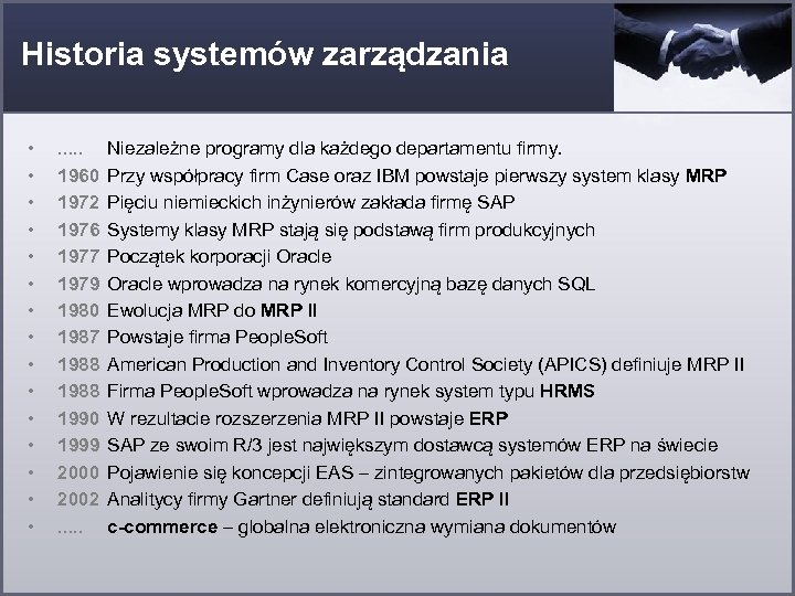 Historia systemów zarządzania • • • • . . . 1960 1972 1976 1977