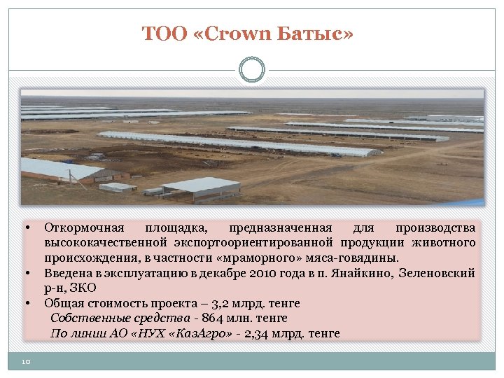 ТОО «Crown Батыс» • • • 10 Откормочная площадка, предназначенная для производства высококачественной экспортоориентированной