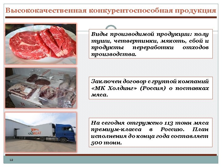 Высококачественная конкурентоспособная продукция Виды производимой продукции: полу туши, четвертинки, мякоть, сбой и продукты переработки