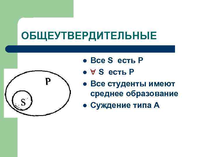 ОБЩЕУТВЕРДИТЕЛЬНЫЕ l l Все S есть Р Все студенты имеют среднее образование Суждение типа