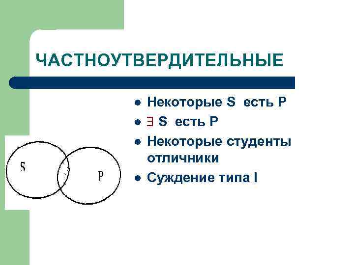 ЧАСТНОУТВЕРДИТЕЛЬНЫЕ l l Некоторые S есть Р Некоторые студенты отличники Суждение типа I 