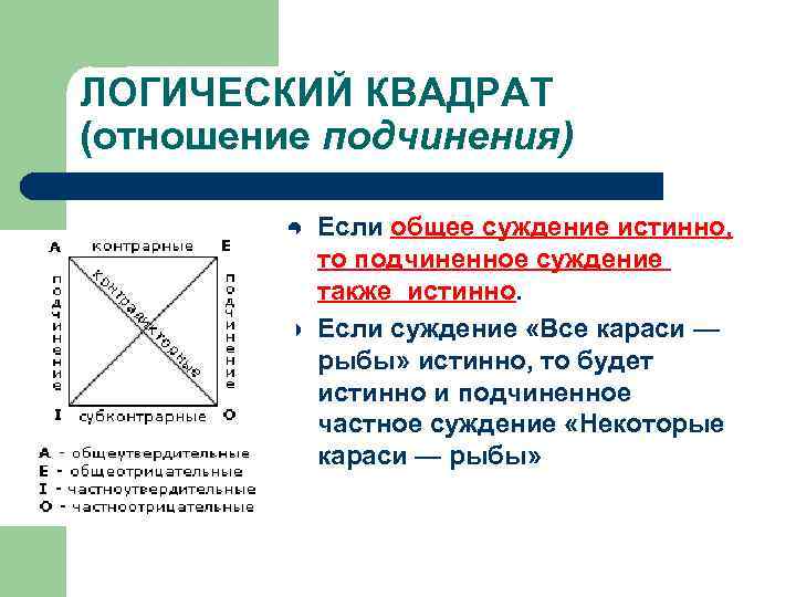 ЛОГИЧЕСКИЙ КВАДРАТ (отношение подчинения) l l Если общее суждение истинно, то подчиненное суждение также