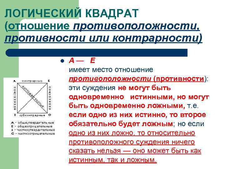 ЛОГИЧЕСКИЙ КВАДРАТ (отношение противоположности, противности или контрарности) l А— Е имеет место отношение противоположности