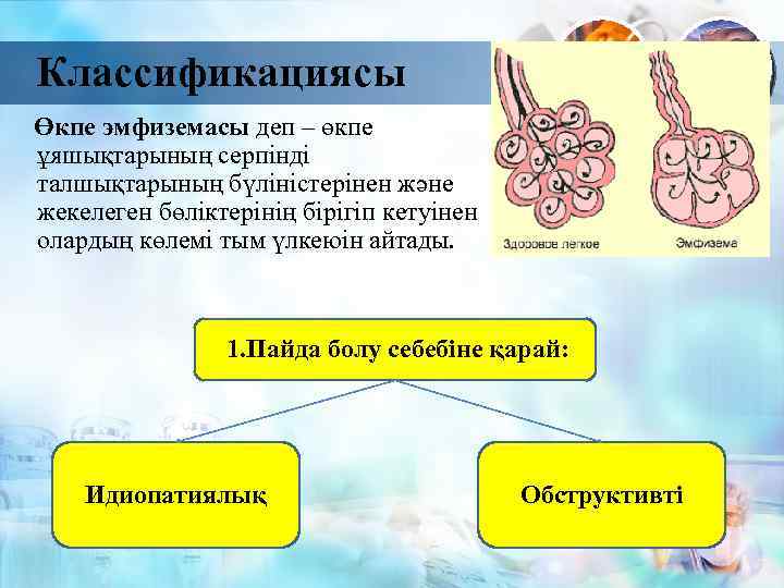 Классификациясы Өкпе эмфиземасы деп – өкпе ұяшықтарының серпінді талшықтарының бүліністерінен және жекелеген бөліктерінің бірігіп