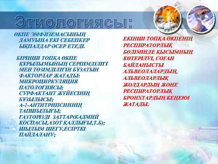 Этиологиясы: ӨКПЕ ЭМФИЗЕМАСЫНЫҢ ДАМУЫНА ЕКІ СЕБЕПКЕР ЫҚПАЛДАР ӘСЕР ЕТЕДІ. БІРІНШІ ТОПҚА ӨКПЕ ҚҰРЫЛЫМЫНЫҢ СЕРПІМДІЛІГІ