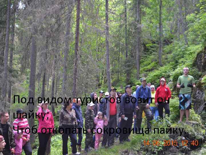 Под видом туристов возит он шайку, Чтоб откопать сокровища пайку. 