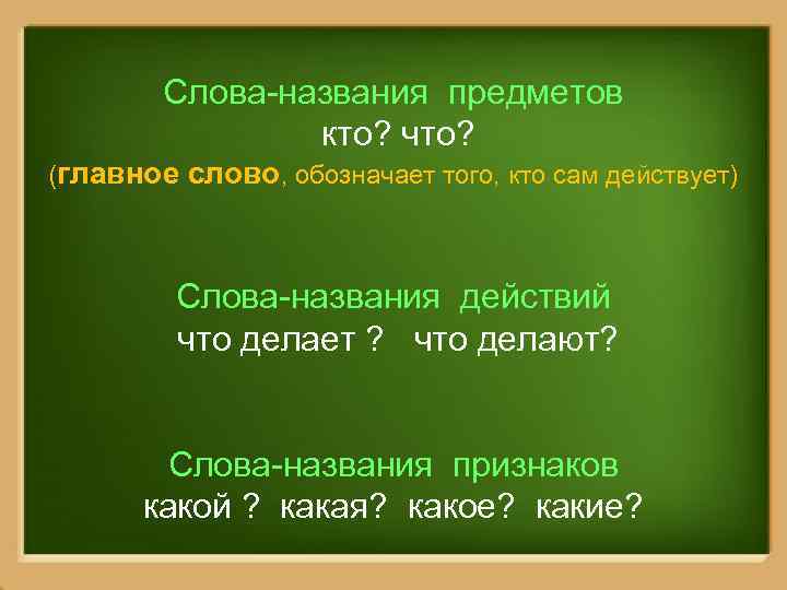 Слова-названия предметов кто? что? (главное слово, обозначает того, кто сам действует) Слова-названия действий что