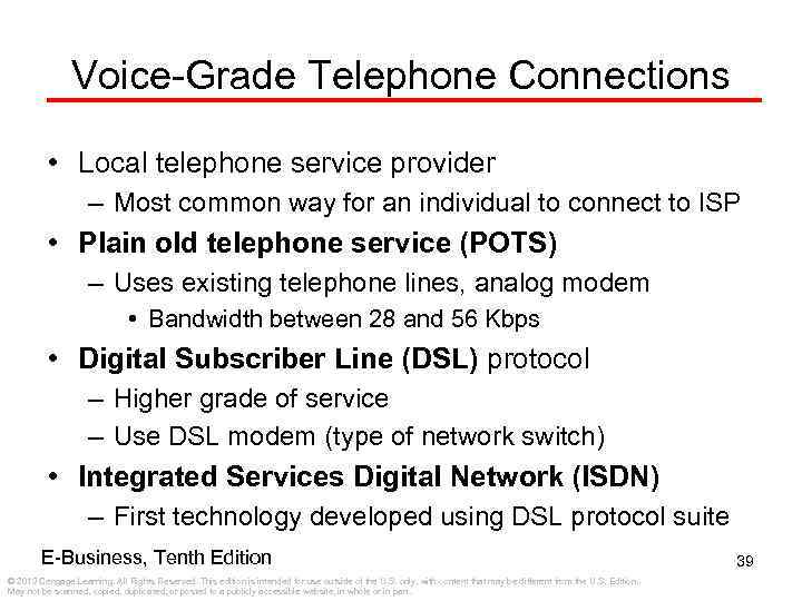 Voice-Grade Telephone Connections • Local telephone service provider – Most common way for an