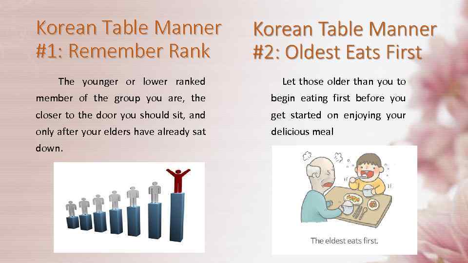 Korean Table Manner #1: Remember Rank The younger or lower ranked Let those older