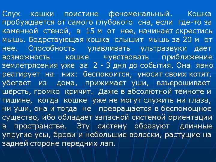 Слух кошки поистине феноменальный. Кошка пробуждается от самого глубокого сна, если где-то за каменной