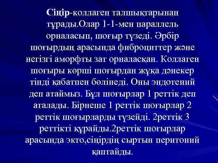 Сіңір-коллаген талшықтарынан тұрады. Олар 1 -1 -мен параллель орналасып, шоғыр түзеді. Әрбір шоғырдың арасында
