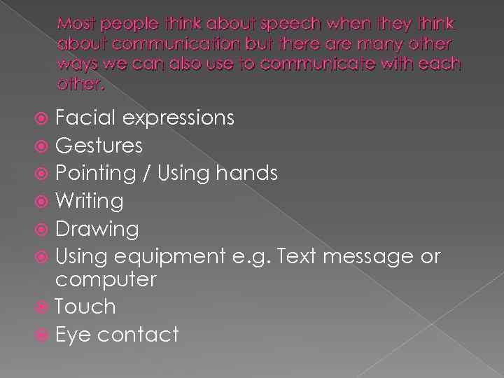 Most people think about speech when they think about communication but there are many