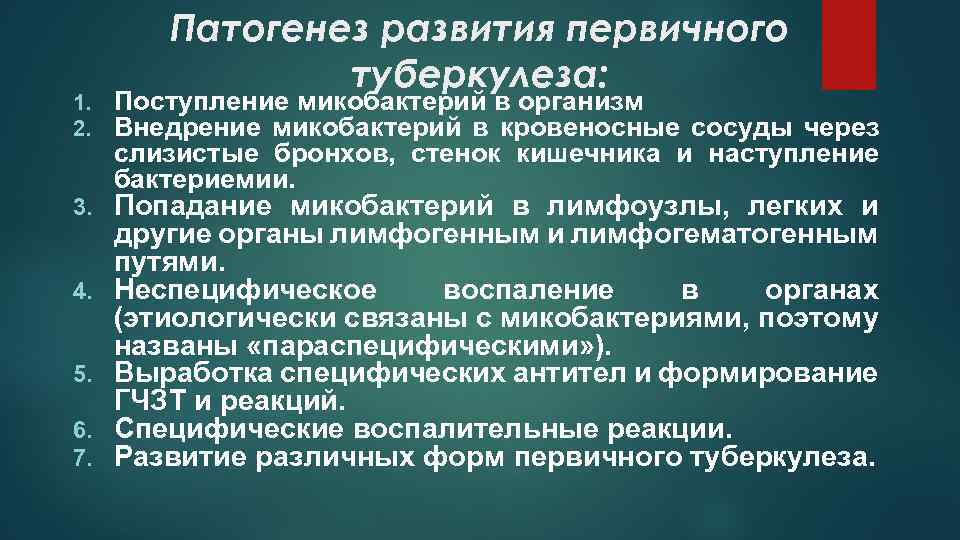 1. 2. 3. 4. 5. 6. 7. Патогенез развития первичного туберкулеза: Поступление микобактерий в