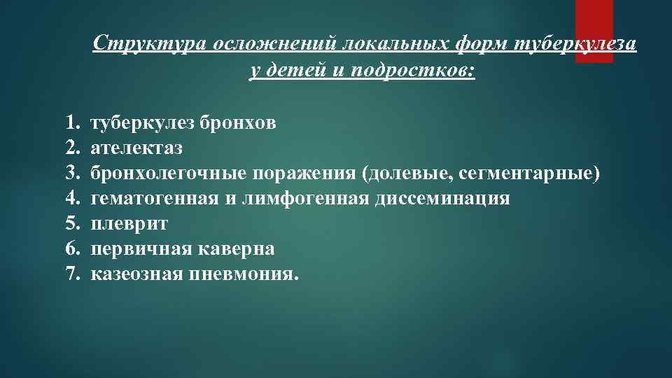  Структура осложнений локальных форм туберкулеза у детей и подростков: 1. 2. 3. 4.