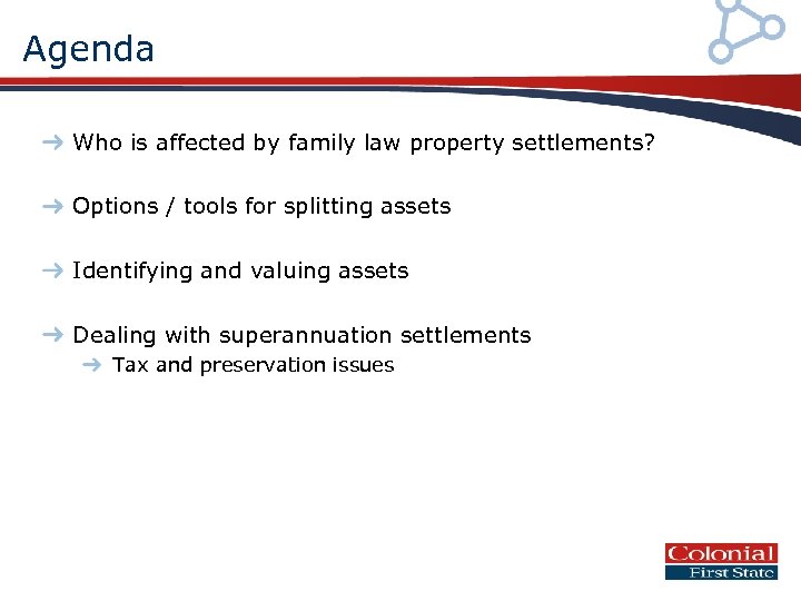 Agenda Who is affected by family law property settlements? Options / tools for splitting