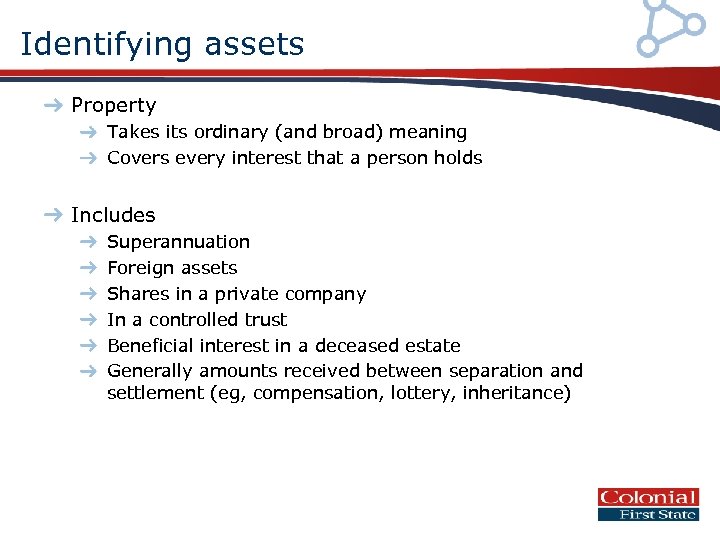Identifying assets Property Takes its ordinary (and broad) meaning Covers every interest that a