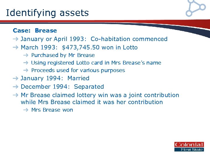 Identifying assets Case: Brease January or April 1993: Co-habitation commenced March 1993: $473, 745.
