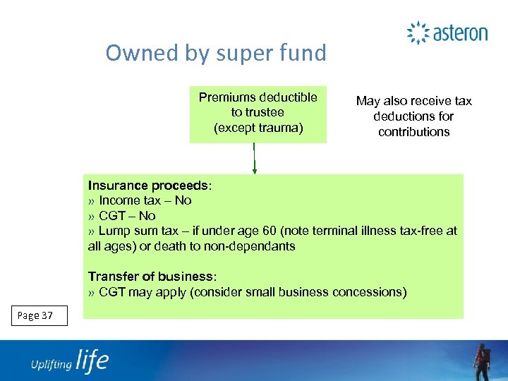 Owned by super fund Premiums deductible to trustee (except trauma) May also receive tax