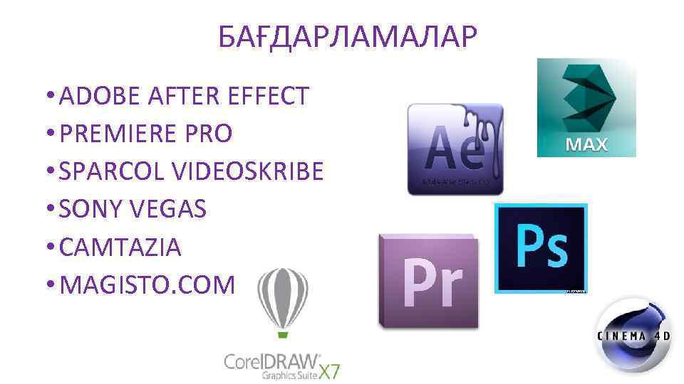 БАҒДАРЛАМАЛАР • ADOBE AFTER EFFECT • PREMIERE PRO • SPARCOL VIDEOSKRIBE • SONY VEGAS
