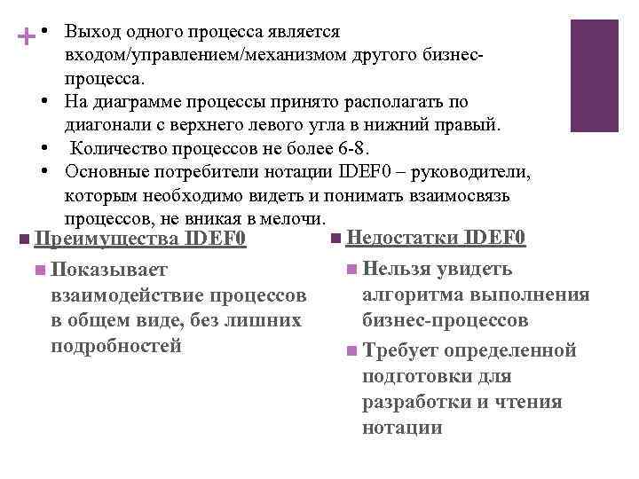 + • Выход одного процесса является входом/управлением/механизмом другого бизнеспроцесса. • На диаграмме процессы принято