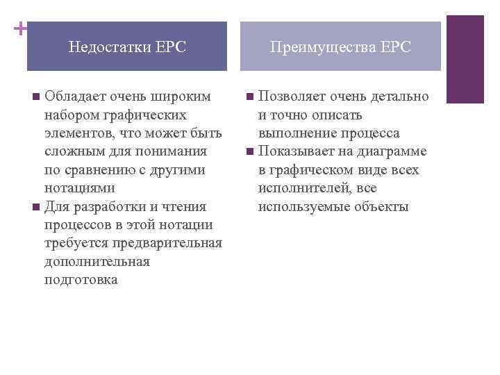 + Недостатки EPC Обладает очень широким набором графических элементов, что может быть сложным для