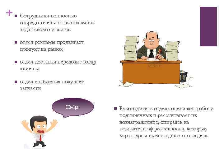 + n Сотрудники полностью сосредоточены на выполнении задач своего участка: n отдел рекламы продвигает