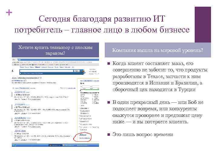 + Сегодня благодаря развитию ИТ потребитель – главное лицо в любом бизнесе Хотите купить