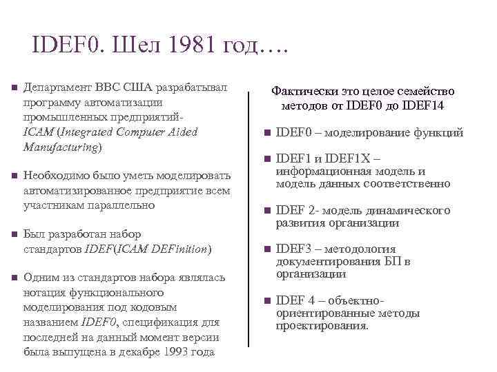 IDEF 0. Шел 1981 год…. n Департамент ВВС США разрабатывал программу автоматизации промышленных предприятий-