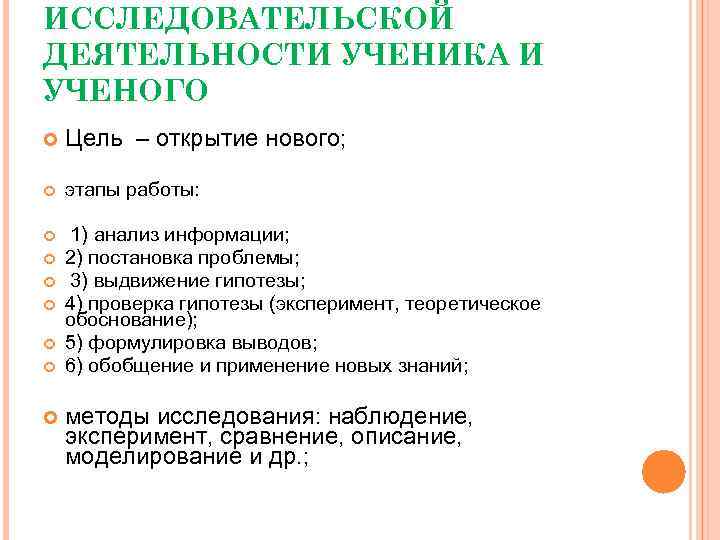 ИССЛЕДОВАТЕЛЬСКОЙ ДЕЯТЕЛЬНОСТИ УЧЕНИКА И УЧЕНОГО Цель – открытие нового; этапы работы: 1) анализ информации;