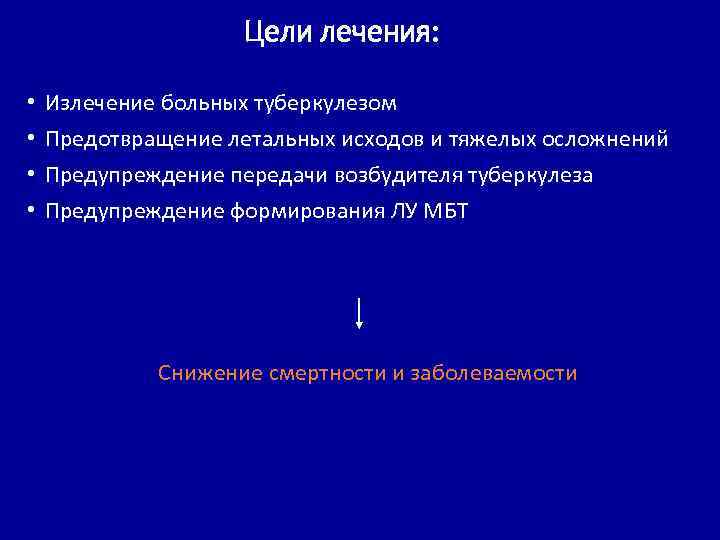 Цели лечения: • • Излечение больных туберкулезом Предотвращение летальных исходов и тяжелых осложнений Предупреждение