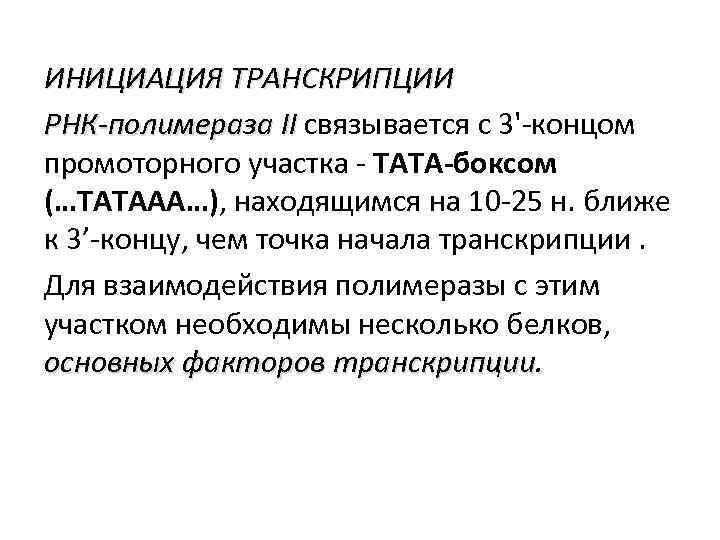 ИНИЦИАЦИЯ ТРАНСКРИПЦИИ РНК-полимераза II связывается с 3'-концом промоторного участка - ТАТА-боксом (…ТАТААА…), находящимся на