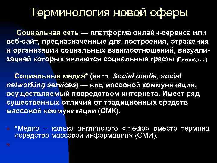 Терминология новой сферы Социальная сеть — платформа онлайн-сервиса или веб-сайт, предназначенные для построения, отражения
