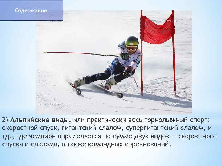 2) Альпийские виды, или практически весь горнолыжный спорт: скоростной спуск, гигантский слалом, супергигантский слалом,