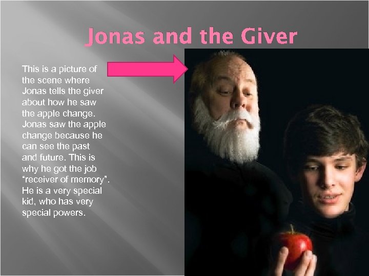 Jonas and the Giver This is a picture of the scene where Jonas tells