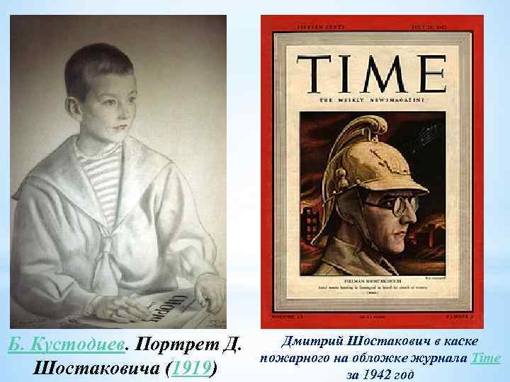Б. Кустодиев. Портрет Д. Шостаковича (1919) Дмитрий Шостакович в каске пожарного на обложке журнала