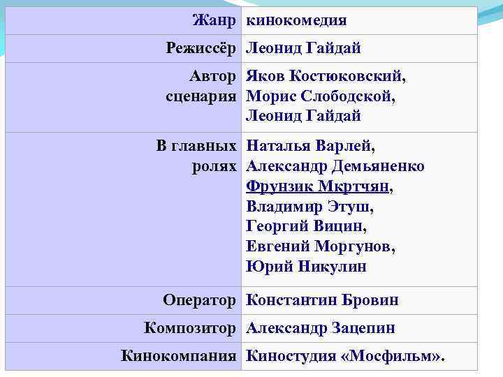 Жанр кинокомедия Режиссёр Леонид Гайдай Автор Яков Костюковский, сценария Морис Слободской, Леонид Гайдай В