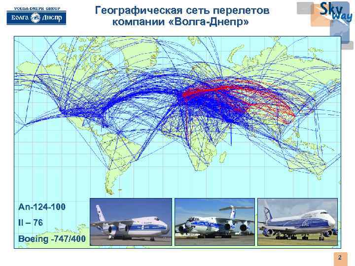 Географическая сеть перелетов компании «Волга-Днепр» An-124 -100 Il – 76 Boeing -747/400 2 