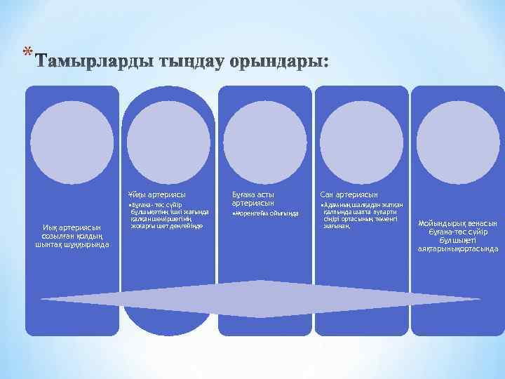 * Ұйқы артериясы • Бұғана- төс сүйір Иық артериясын созылған қолдың шынтақ шұңқырында бұлшықетінң