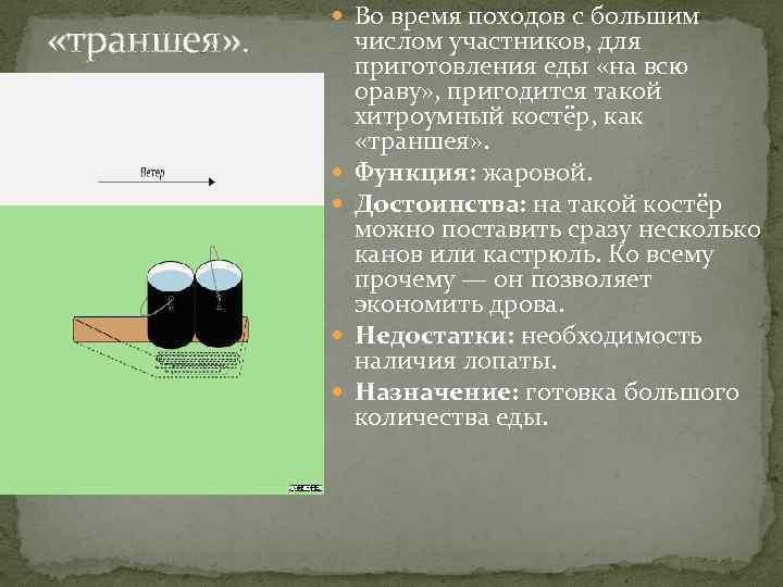  «траншея» . Во время походов с большим числом участников, для приготовления еды «на