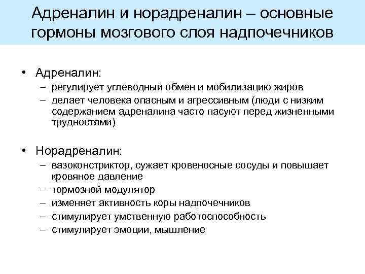 Адреналин и норадреналин – основные гормоны мозгового слоя надпочечников • Адреналин: – регулирует углеводный