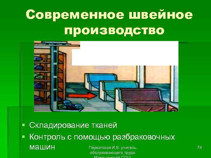 Современное швейное производство § Складирование тканей § Контроль с помощью разбраковочных Первитская И. В.