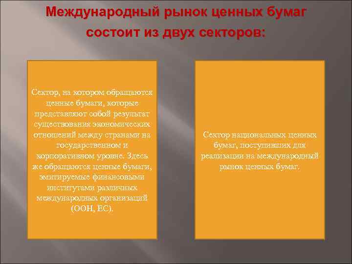 Международный рынок ценных бумаг состоит из двух секторов: Сектор, на котором обращаются ценные бумаги,