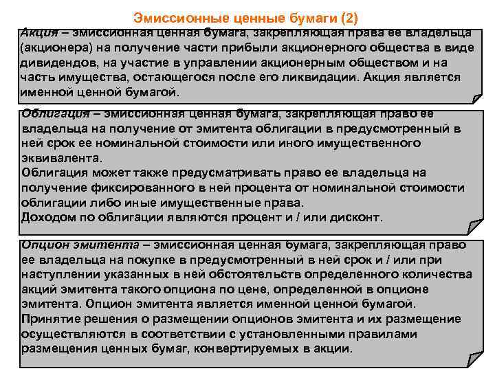 Эмиссионные ценные бумаги (2) Акция – эмиссионная ценная бумага, закрепляющая права ее владельца (акционера)