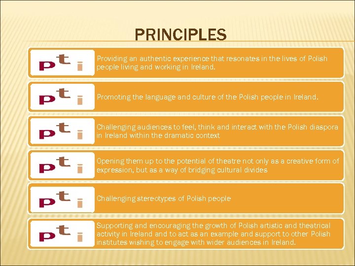 PRINCIPLES Providing an authentic experience that resonates in the lives of Polish people living