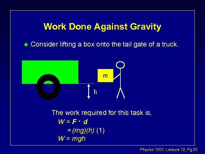 Work Done Against Gravity l Consider lifting a box onto the tail gate of