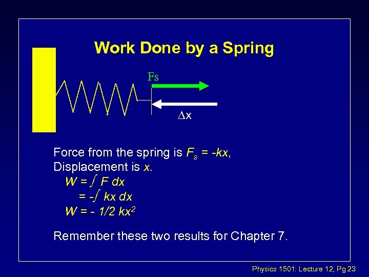 Work Done by a Spring Fs Dx Force from the spring is Fs =