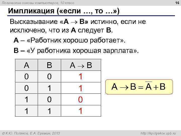 16 Логические основы компьютеров, 10 класс Импликация ( «если …, то …» ) Высказывание