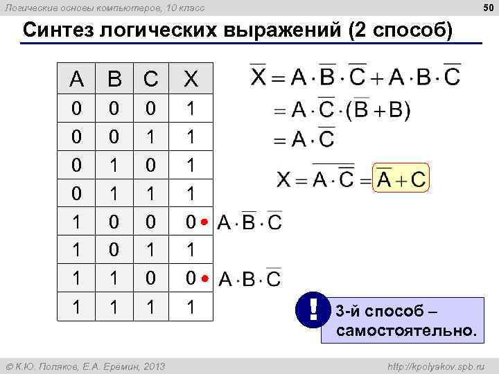 50 Логические основы компьютеров, 10 класс Синтез логических выражений (2 способ) A B C