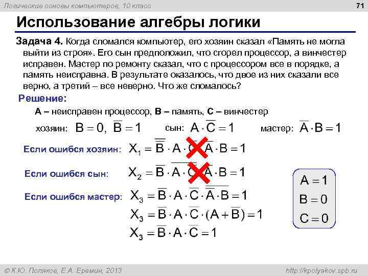 71 Логические основы компьютеров, 10 класс Использование алгебры логики Задача 4. Когда сломался компьютер,