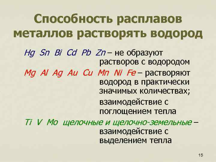 Способность расплавов металлов растворять водород Hg Sn Bi Cd Pb Zn – не образуют